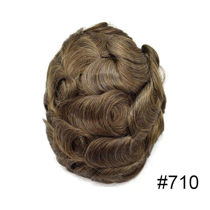 FACE MIRACLE Hair System for Men French Lace Mens Toupee Human Hair Replacement System Lace with PU Toupee for Men Male Hair Piece Wigs 8"X10" #710 7# VERY LIGHT BROWN WITH 10% SYNTHETIC GREY