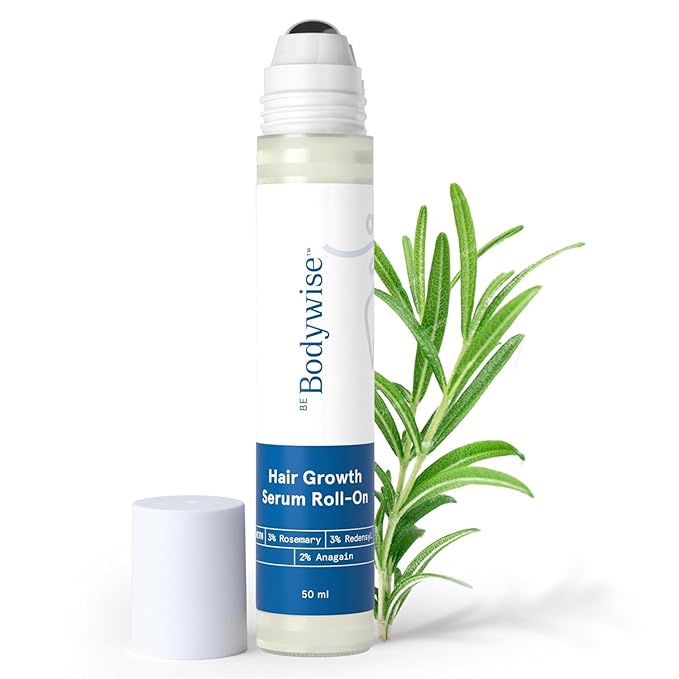 Be Bodywise Rosemary Hair Growth Serum Roll On 50 ml – 3% Rosemary, 3% Redensyl & 2% Anagain | DHT-Blocking Scalp Serum Boosts Oxygen Flow, Reduces Hair Fall | Paraben/Sulfate-Free | Women & Men
