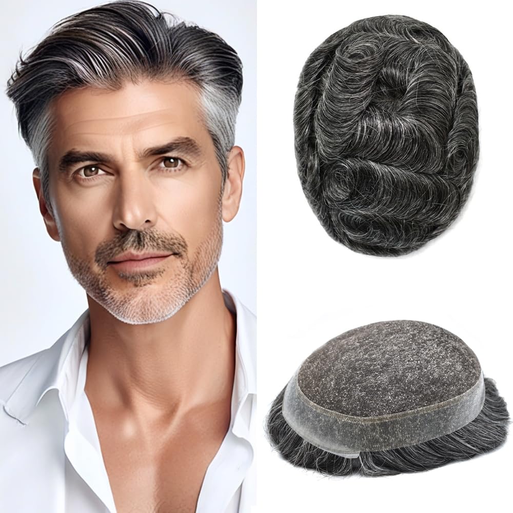 FACE MIRACLE Toupee for Men French Lace Hairpiece Human Hair Replacement System Skin PU Mens Toupee Hair Wigs for Man V-Looped Front Hair Prosthesis 6"X8" 4# MEDIUM BROWN — 8X10