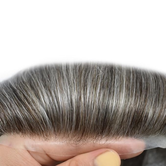 Mens Toupee Human Hair Piece French Lace Toupee for Man Hair System Indian Human Hair Replacement Systems V-Looped PU Front Hairpieces 6"X9" #260 Darkest Brown with 60% Gray