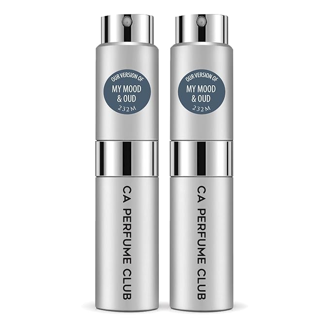 CA Perfume Impression of My Mood & Oud for Men Amber Woody Scent Long Lasting Cologne for Men Eau De Parfum Travel Size Refillable Atomizer Spray 0.27 Fl Oz 8ml Pack of 2