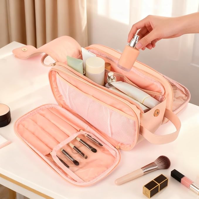 COLGRAM Travel Makeup Bag for Women, Large Capacity Waterproof Cosmetic Bag, Portable Toiletry Bags，Pouch with Divider & Handle