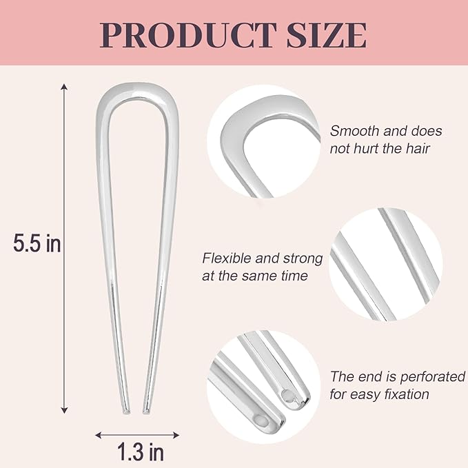 JIRIS 2PCS 5.5Inch French Hair Pins Large U-Shaped Pins for Women and Girls Fashion Metal Hair Pin French Twist Hair Pins for Buns, Updos,Stylish and Functional(set3-silver)