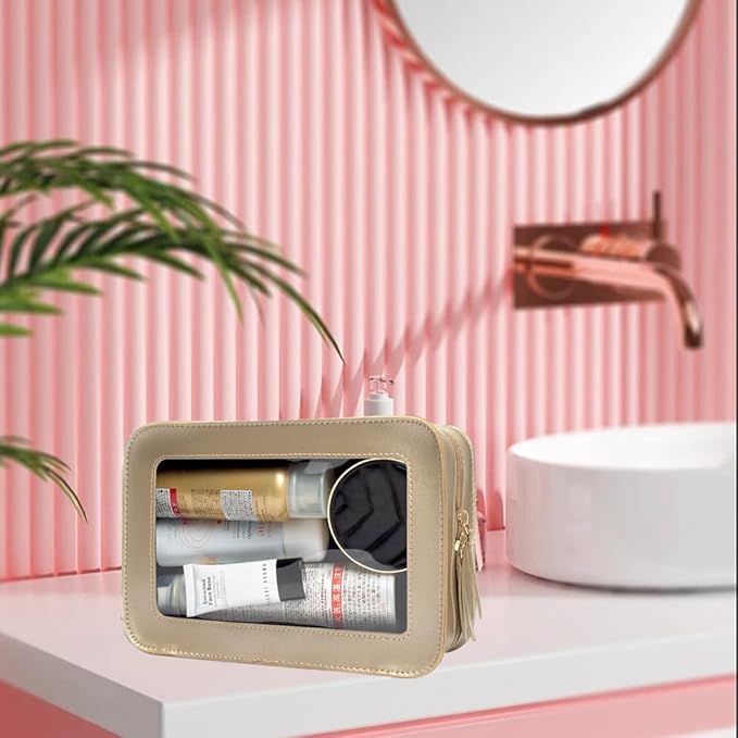 FFpaw Clear Makeup Bag, Gold Travel Makeup Pouch Toiletry Bag for Women Waterproof Small Cosmetic Bag Case Small Make Up Bag with Zipper Car Organizer Car Essentials for Women Men