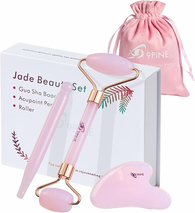 9 9PINE Valentines Day Gifts for Women,Wife,Girls,3-in-1 Gua Sha & Jade Roller Facial Tools Set -Jade Roller & Gua Sha Kit& Facial Massage PenFacial Massage Device for Skincare, Best Gift (Pink)