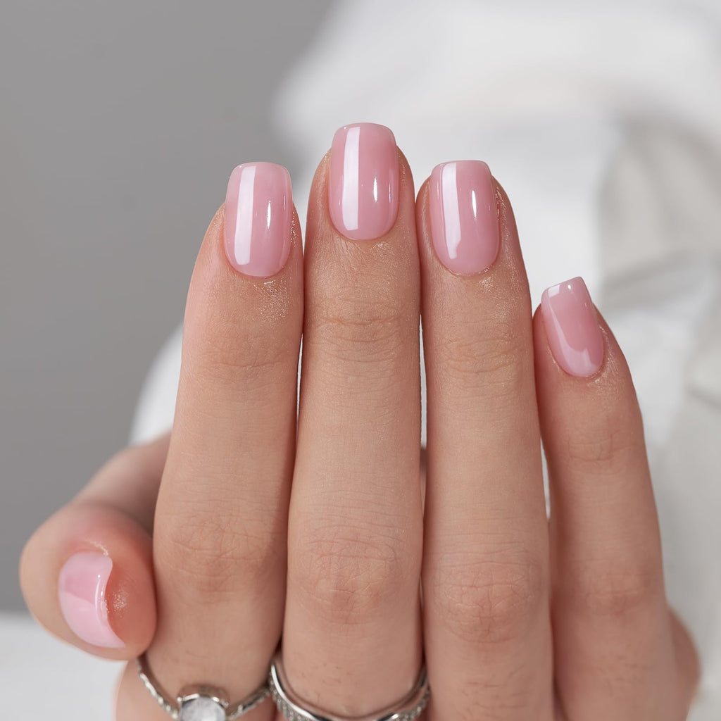 BTArtbox Press On Nails, Lotus Glazed, Short Square, Pink Chrome, 32Ct