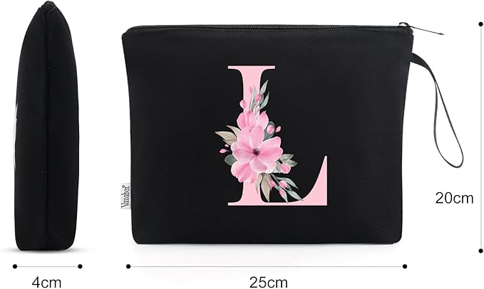 Vavabox A-Z Personalized Makeup Bag, Birthday Gifts for Women Mom, Gifts for Best Friend, Bride Bridesmaid Cosmetic bag (L, 02-Black)