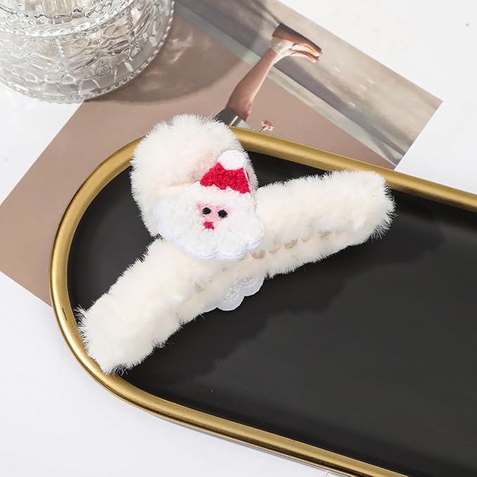 BMKKOT Christmas Hair Clips White Plush Acrylic Hair Claw Clips Cute Santa Claus Design Hairpins Xmas Hair Accessories Nonslip Large Clamp Clips for Medium Thin Hair Decoration 1Pcs