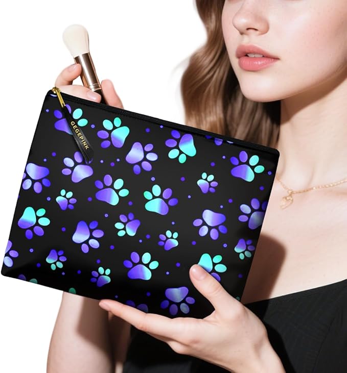 GEGEPINK Cute Makeup Bag for Purse Waterproof Cosmetic Bags for Women Funny Smooth Zipper Travel Toiletry Pouch 10X8 Inches-Paw Print Makeup pouch
