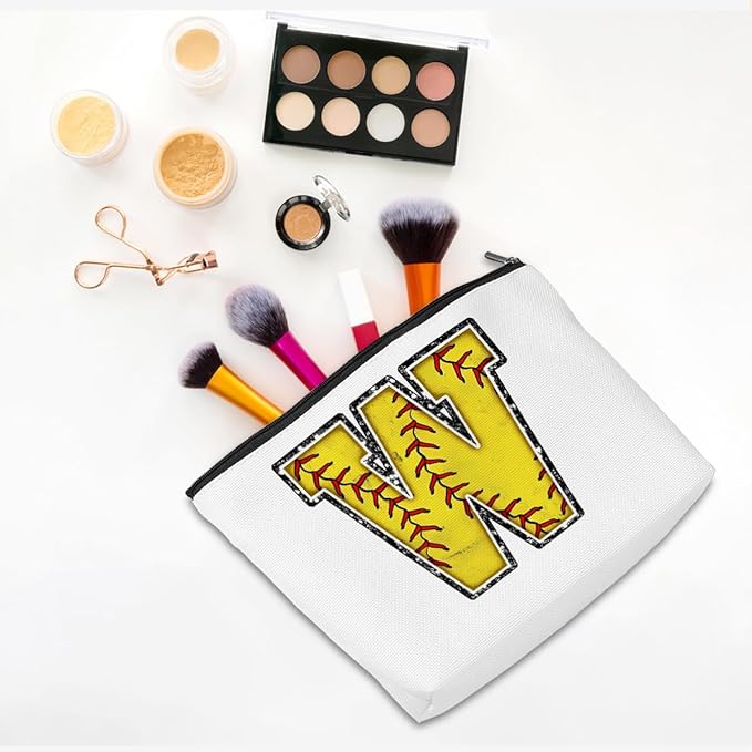 Softball Gifts Initial W Makeup Bag Softball Gifts for Team Cosmetic Bag