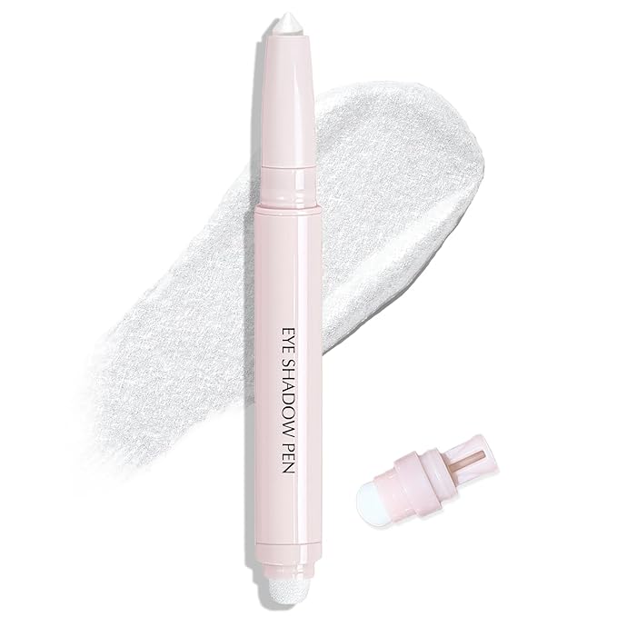 Wugbc Pearl White Eyeshadow Stick, Shimmer Cream Eyeshadow Long-Lasting Eye Brightener Stick High Pigmented Glitter Highlighter Makeup Pencil Crayon with Blending Brush & Built-in Sharpener