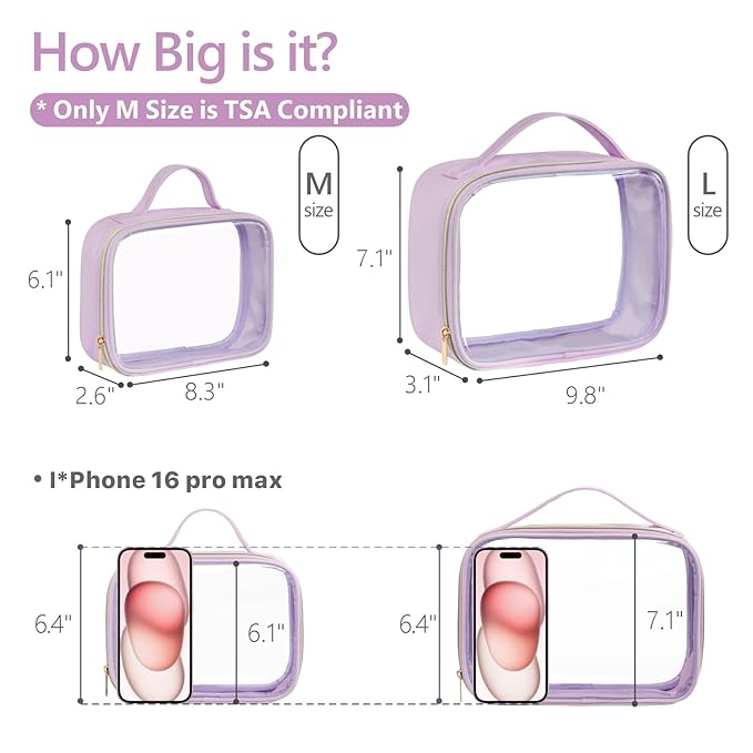 PACKISM Clear Makeup Bag Travel - TSA Approved Toiletry Bag, 2 Pack Purple