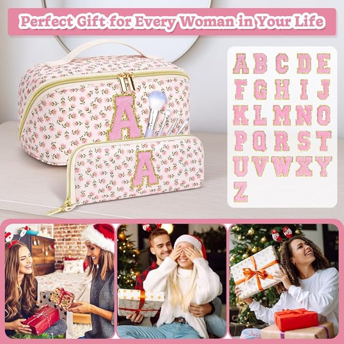 Personalized Travel Makeup Bag Set,Initial Travel Cute Floral Makeup Organizer Bag,Toiletry Skincare Cosmetic Bag,Christmas Gifts for Women/Girls,Open Flat Toiletry Pouch with Brush Pocket-R