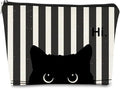 BARPERY Striped Cat Makeup Bag - Small Cute Cosmetic Bag for Women & Teen Girls - Black Cat Purse Gift for Cat Lovers & Owners
