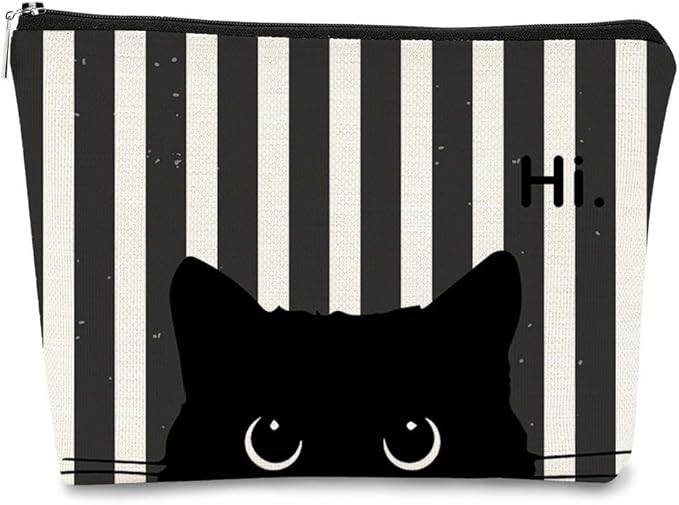 BARPERY Striped Cat Makeup Bag - Small Cute Cosmetic Bag for Women & Teen Girls - Black Cat Purse Gift for Cat Lovers & Owners
