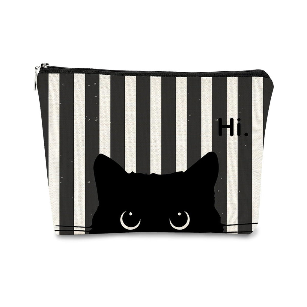 BARPERY Striped Cat Makeup Bag - Small Cute Cosmetic Bag for Women & Teen Girls - Black Cat Purse Gift for Cat Lovers & Owners