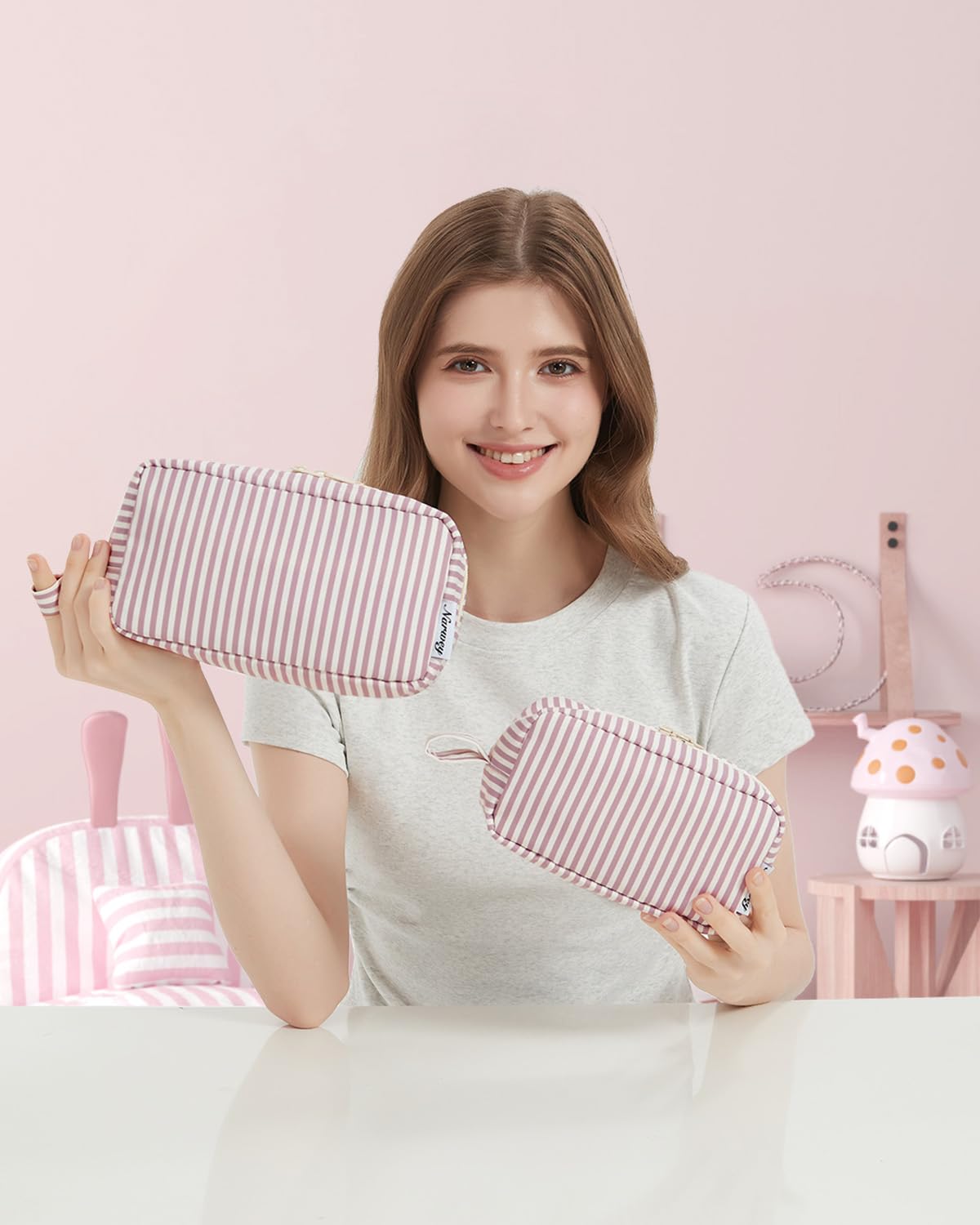 Narwey Small Makeup Bag for Purse Travel Makeup Pouch Mini Cosmetic Bag Zipper Pouch for Women (Dusty Rose Stripe, Small)