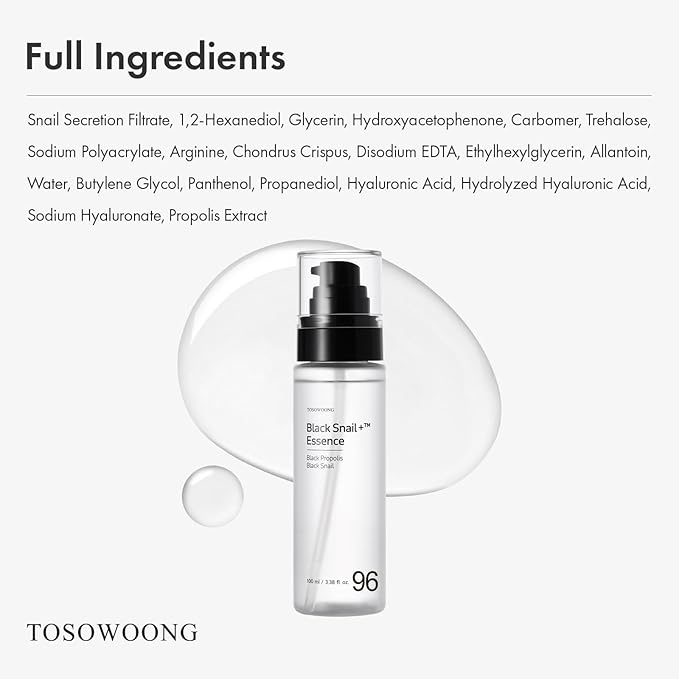 TOSOWOONG Black Snail 96% Plus Essence for Fine Lines & Dull Skin, Barrier