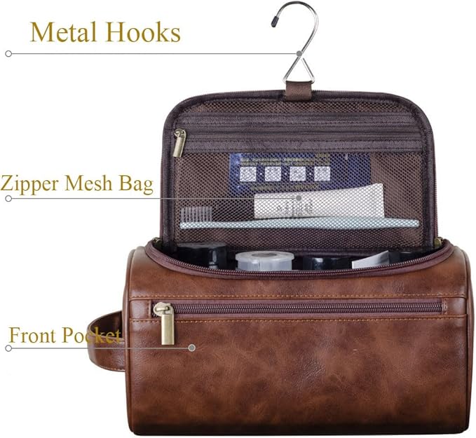 joyinaff Personalized Embroidery PU Leather Travel Toiletry Bag for Men,Stylish Travel Organizer for Travel, Wedding Gift,Customized Monogram Travel Shaving Dopp Kit for Groomsmen (Brown)