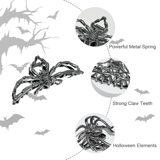 Parcce 3 Pieces Large Metal Spider Net Hand Hair Claw Clips for Women and Girls Thick Long Hair, Nonslip Skeleton Spooky Barrette Headband Hair Styling Accessories for Halloween