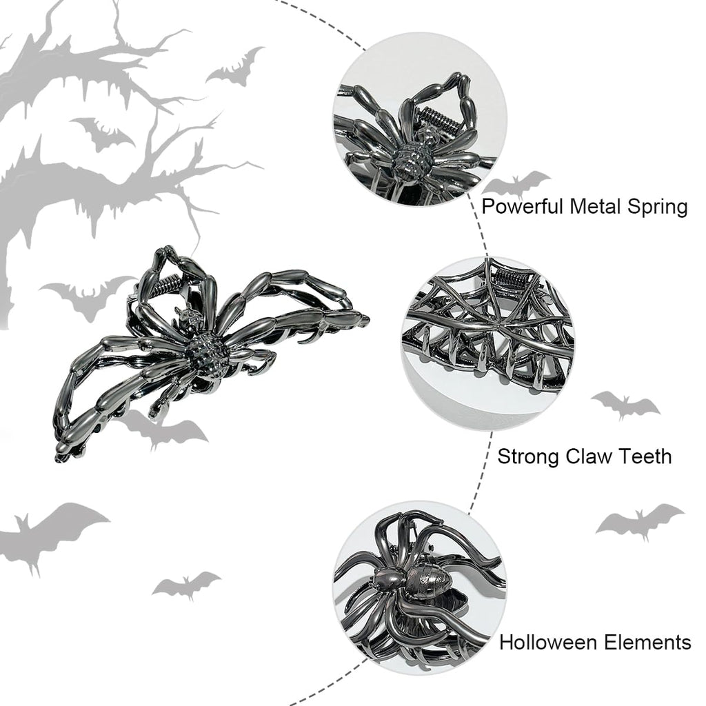 Parcce 3 Pieces Large Metal Spider Net Hand Hair Claw Clips for Women and Girls Thick Long Hair, Nonslip Skeleton Spooky Barrette Headband Hair Styling Accessories for Halloween