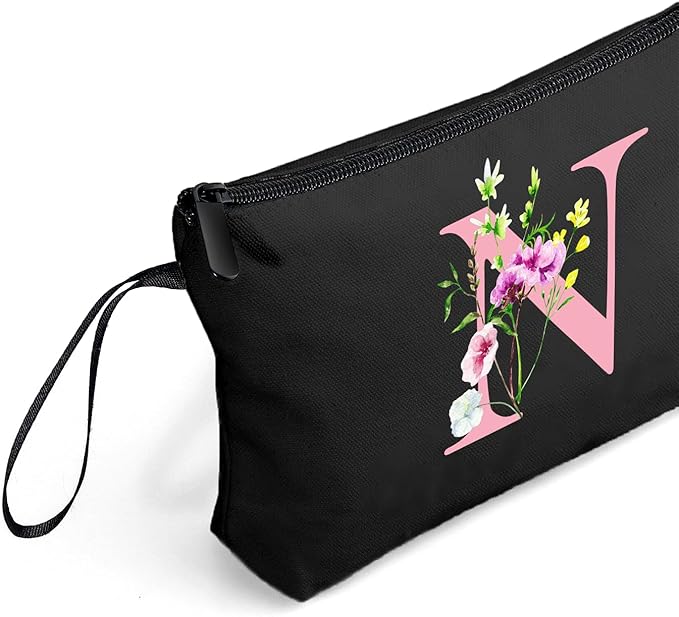 SEAMOON A-Z Personalized Gifts for Women, Small Makeup Bag with Mirror, N