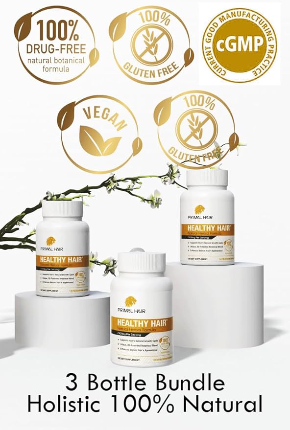Primal Hair 3 PK- 100% Natural Growth Treatment, Reduces Hair Loss, US Patented Formula Proven Effective for Men & Women, 100% Vegan, Non-GMO, 90-Day Supply, 3 Pack