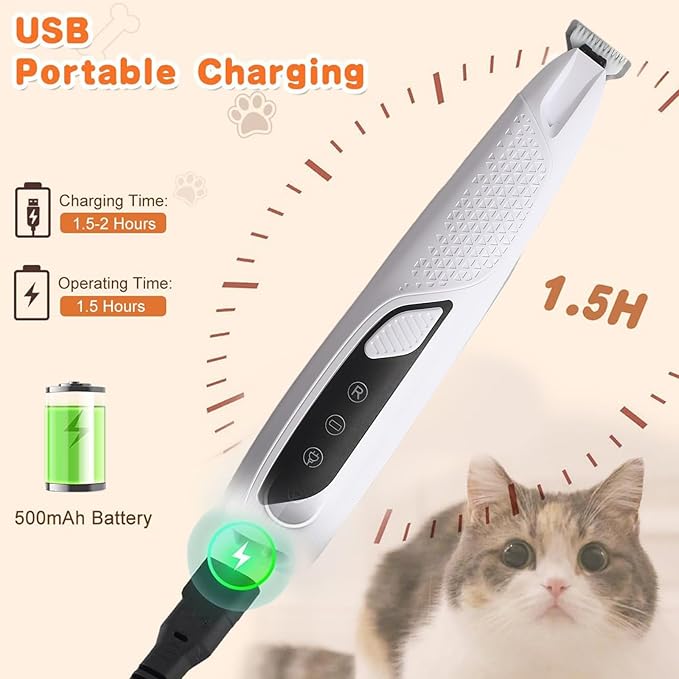 JNEKWOZ Professional Dog & Cat Trimmer - Quiet Electric Pet Grooming Kit for Ears/Eyes/Paws with LED Light - Cordless Battery-Powered Fur & Nail Clipper for Small/Large Breeds(White)