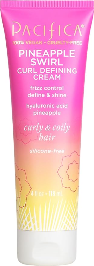 Pacifica Pineapple Swirl Curl Defining Cream – Bounce, Frizz Control & Curl Enhancer Styling Cream for Curly Hair & Wavy Hair – Coconut Oil & Hyaluronic Acid For No-Crunch Hold – Cruelty-Free – 4-oz