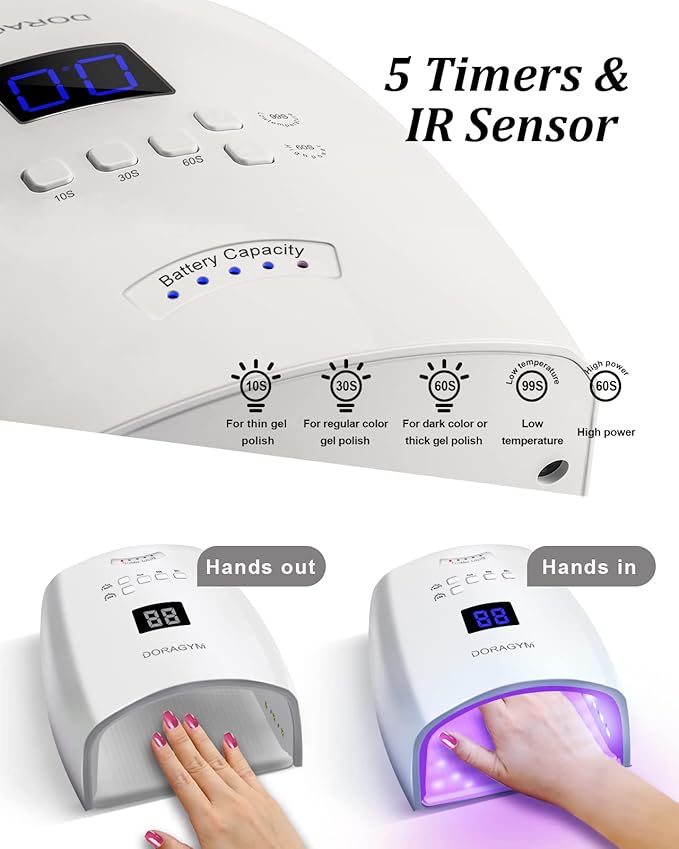 DORAGYM UV LED Nail Lamp, Cordless Gel Polish Dryer for Professional Gel Manicures - White
