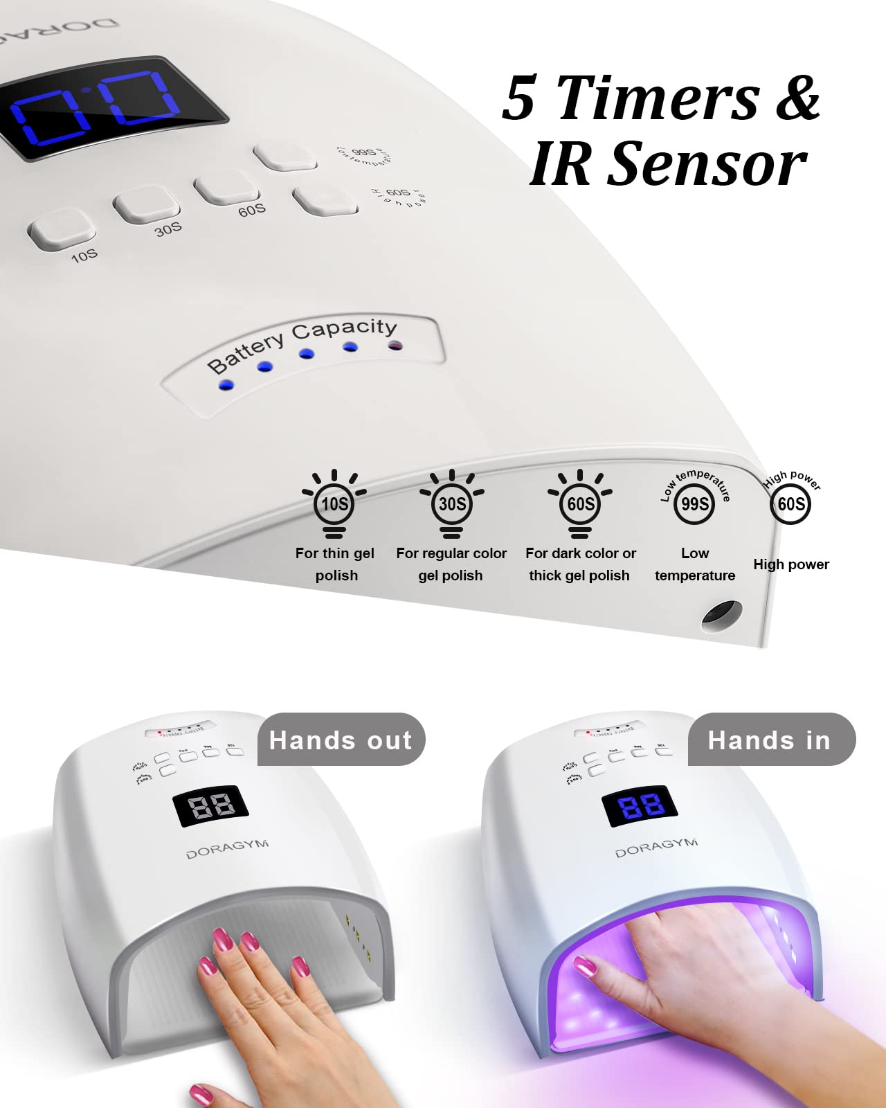DORAGYM UV LED Nail Lamp, Cordless Gel Polish Dryer for Professional Gel Manicures - White