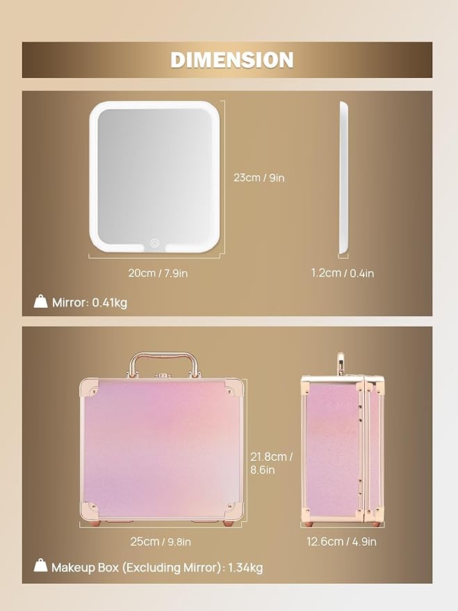 OMIRO Makeup Case, Makeup Bag with Light Up Mirror Set, Makeup Organizer Bag with Magnet Makeup Mirror for Women (Glitter Pink)