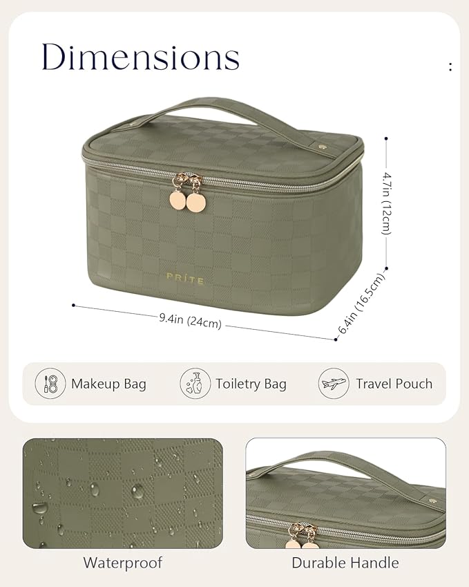 Prite Makeup Bag Travel Cosmetic Case, Women Toiletry bag, Checkered Green