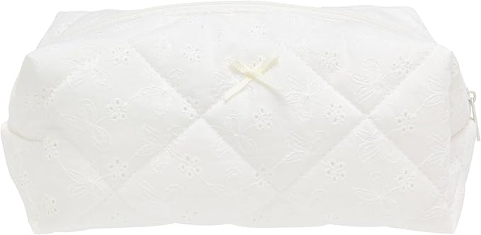 PAZIMIIK Cozy Makeup Bag for Women,Zipper Cosmetic Pouch,Embroidery White