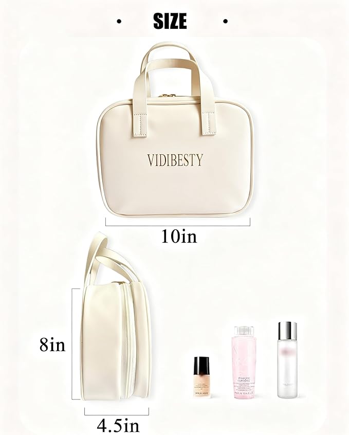 VIDIBESTY Travel Makeup Bag Skin-feel Leather, Large Capacity Cosmetic case for Women, Waterproof Portable Make up Organizer with Divider and Handle for Toiletries, Beauty Essentials (Beige)