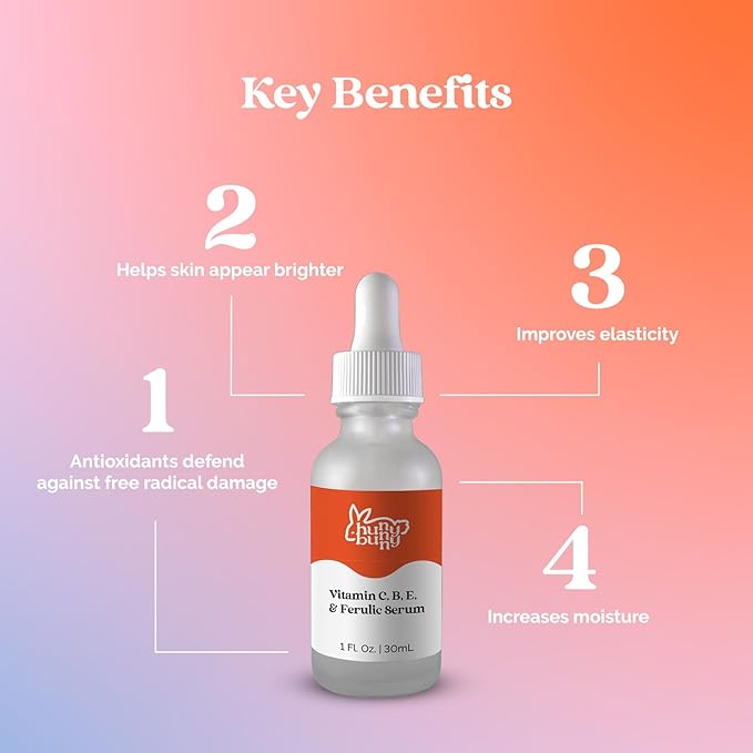 Hunny Bunny Vitamin C Serum for Face - Pure Brightening Dark Spots Sensitive Skin - Ferulic Acid, Niacinamide, L-Ascorbic Acid, Hyaluronic Acid, Vitamins B E, 1 Fl Oz
