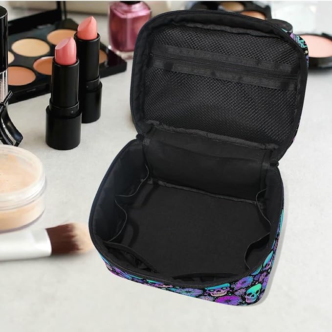 MNSRUU Goth Skull Makeup Bag, Gothic Skull Flowers Makeup Organizer Bags Toiletry Bag Box Travel Cosmetic Bag Make Up Train Case for Women Teen Girl Ladies