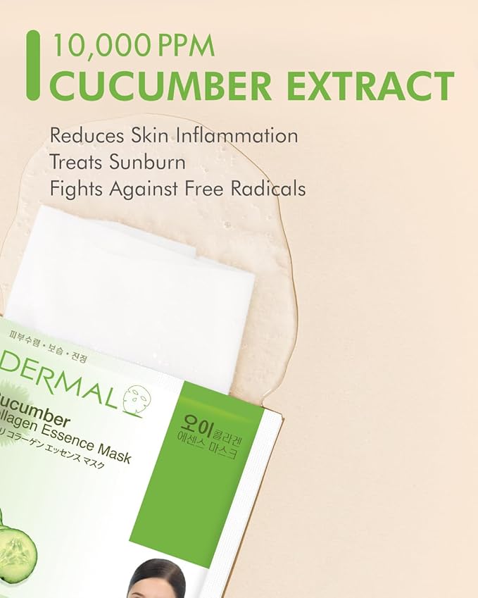 DERMAL Cucumber Collagen Cooling Sheet Mask, Soothing Hydration, 10 Pack