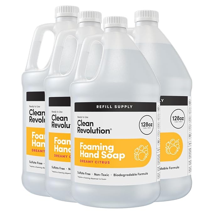 Clean Revolution Foaming Hand Soap Refill with Real Essential Oils, Moisturizing Sulfate-Free Hand Soap, Ready-to-Use Foam Soap Refill for Kitchen & Bathroom, Dreamy Citrus (128oz, 4 Pack)