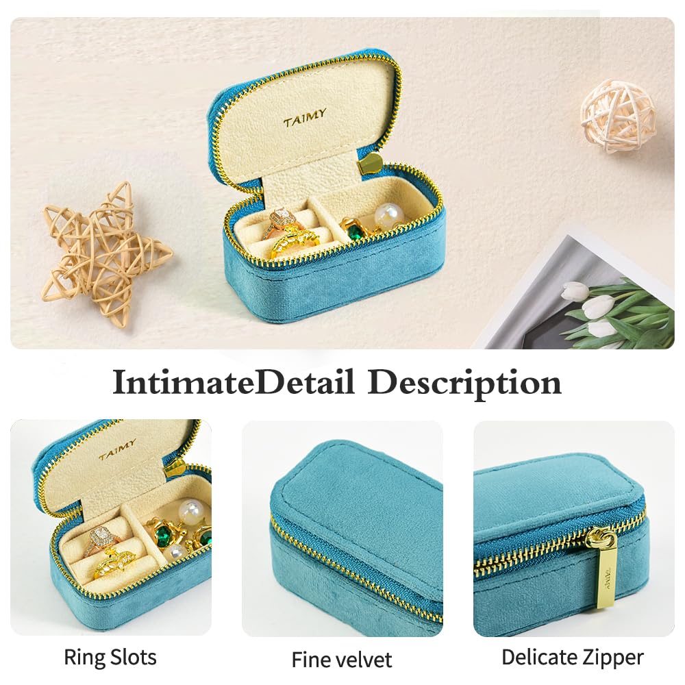 TAIMY Small Travel Jewelry Case, Mini Tiny Plush Velvet Jewelry Box for Women and Girls, Pocket Size Jewelry holder organizer for Rings Earrings and Small Items(Coral Blue)
