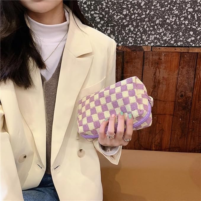 Checkered Makeup Bag for Purse, Small Travel Cosmetic Pouch,Purple,2 Pack