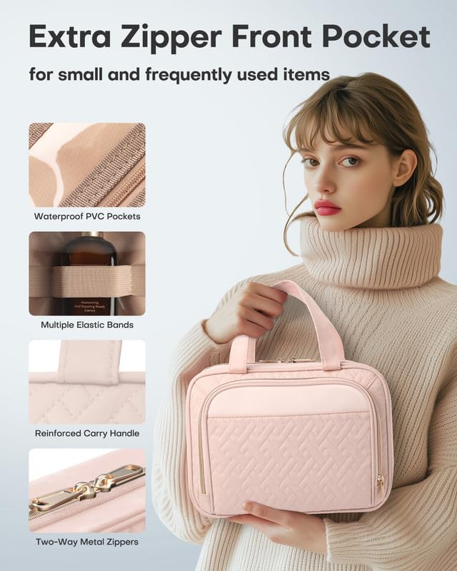 HOTOR Hanging Travel Toiletry Bag Women Men, Pale Pink, Medium