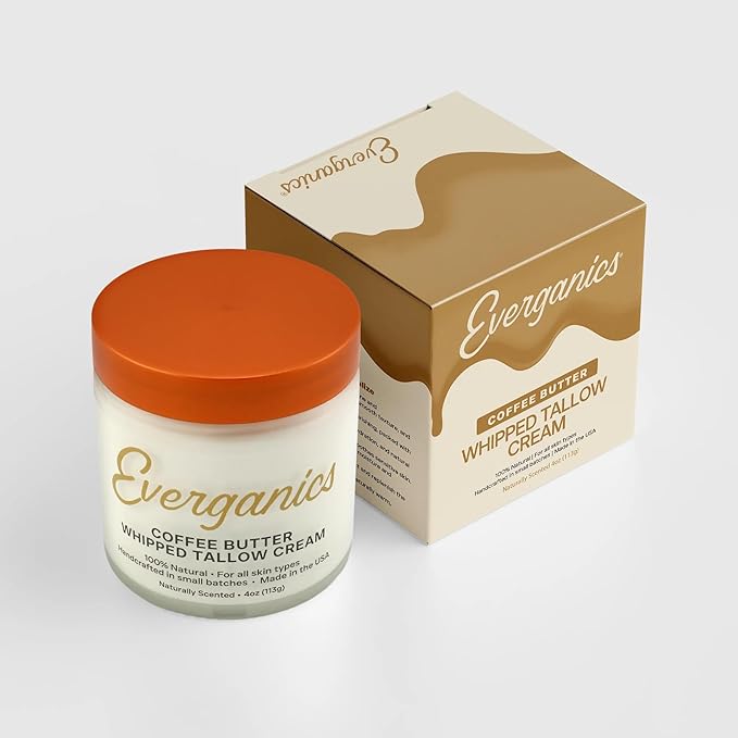 Everganics | Organic Coffee Butter Whipped Tallow Cream for Skin | Grass-Fed Beef Tallow Natural Moisturizer for Face & Body | Made in USA | 4 oz (Large Size)