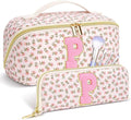 DTBG Personalized Travel Makeup Bag Set,Initial Travel Cute Floral Makeup Organizer Bag,Toiletry Skincare Cosmetic Bag,Valentine’s Day Gifts for Women/Girls,Open Flat Toiletry Pouch with Brush Pocket