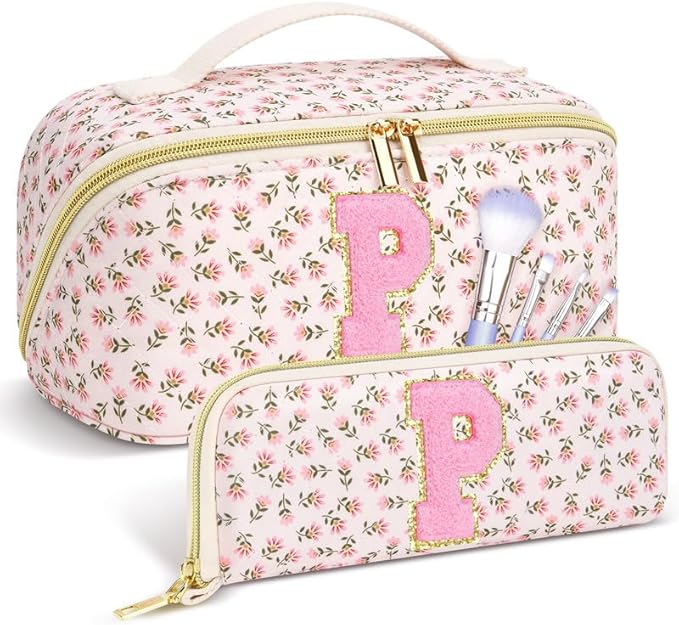 DTBG Personalized Travel Makeup Bag Set,Initial Travel Cute Floral Makeup Organizer Bag,Toiletry Skincare Cosmetic Bag,Valentine’s Day Gifts for Women/Girls,Open Flat Toiletry Pouch with Brush Pocket