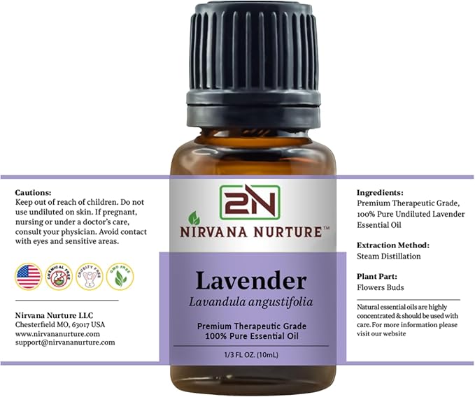 Nirvana Nurture Lavender Essential Oil, USDA Certified Organic, 100% Pure Undiluted, Aromatherapy Oil for Diffuser, Hair & Skin Care