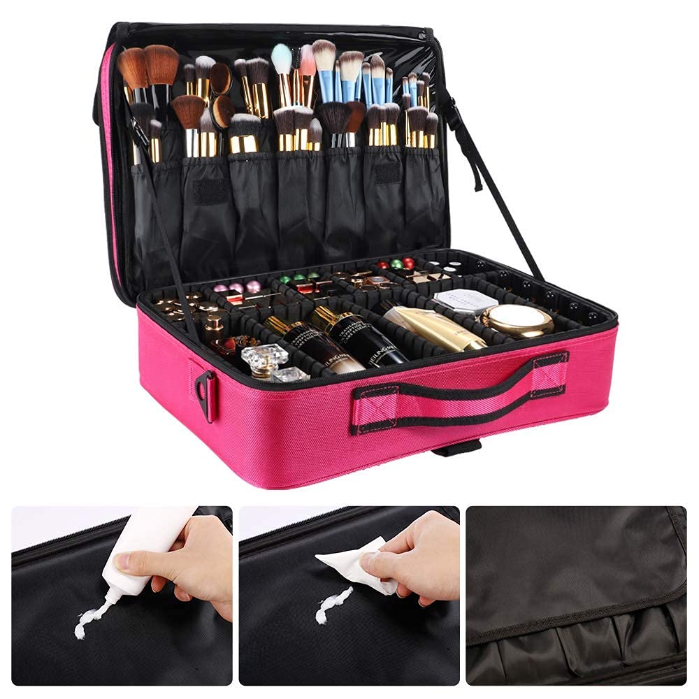 gzcz Travel Makeup Bag,Professional Cosmetic Bags for Women,Portable Makeup Brush Case Organizer Storage with Adjustable Dividers and Shoulder Strap (Medium)