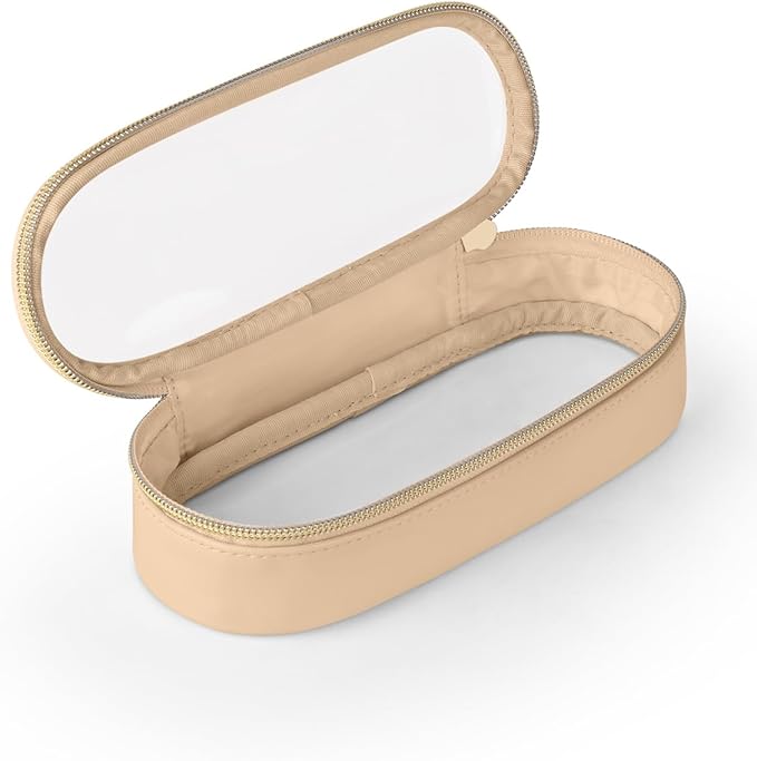 Soimeat Clear Travel Makeup Brush Holder, Leather Makeup Brush Toiletry Bag, Portable Cosmetic Brush Case, Transparent Waterproof Makeup Brush Storage Bag, Khaki