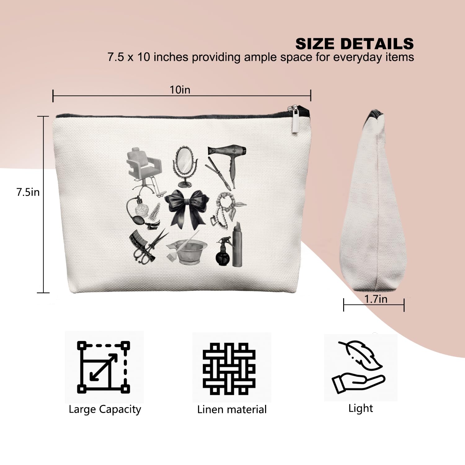 EKGJW Black & White Hairstylist Makeup Bag, Aesthetic Salon Travel Organizer, Cosmetology Student Gifts for Women, Hairdresser Accessories Pouch for Teen Girls, 7.5 x 10 in