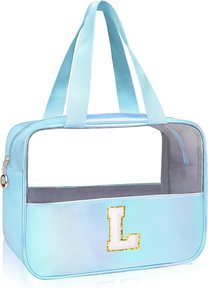Junesters Personalized Initial L Clear Blue Makeup Bag - Large Travel Toiletry Bag, Cute Cosmetic Organizer Set for Girlfriend, Teacher, Teen Girl Gifts